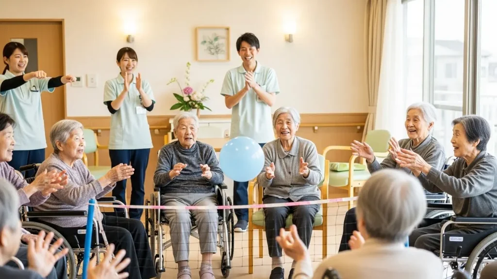 試合前にスタッフの掛け声に合わせて腕を回す高齢者のグループ。