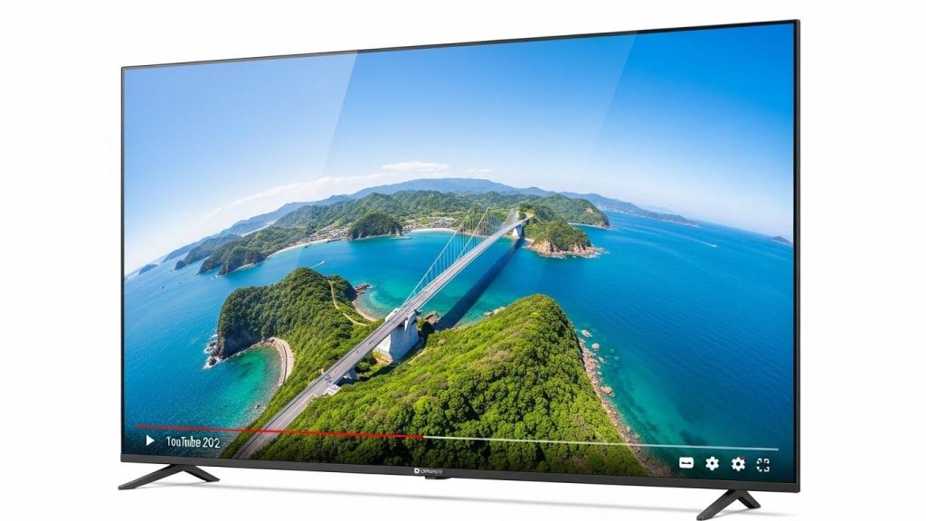 山口県の角島大橋の360度バーチャル旅行動画がテレビに映っている。