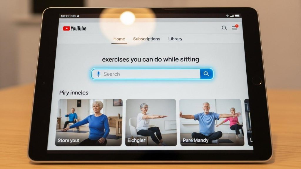 タブレットで音声検索機能を使ってYouTubeの動画を探す高齢者のイメージ図。