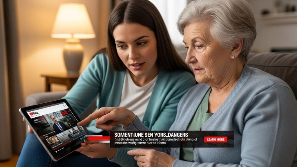 YouTubeの広告の危険性について、家族が高齢者に説明している。