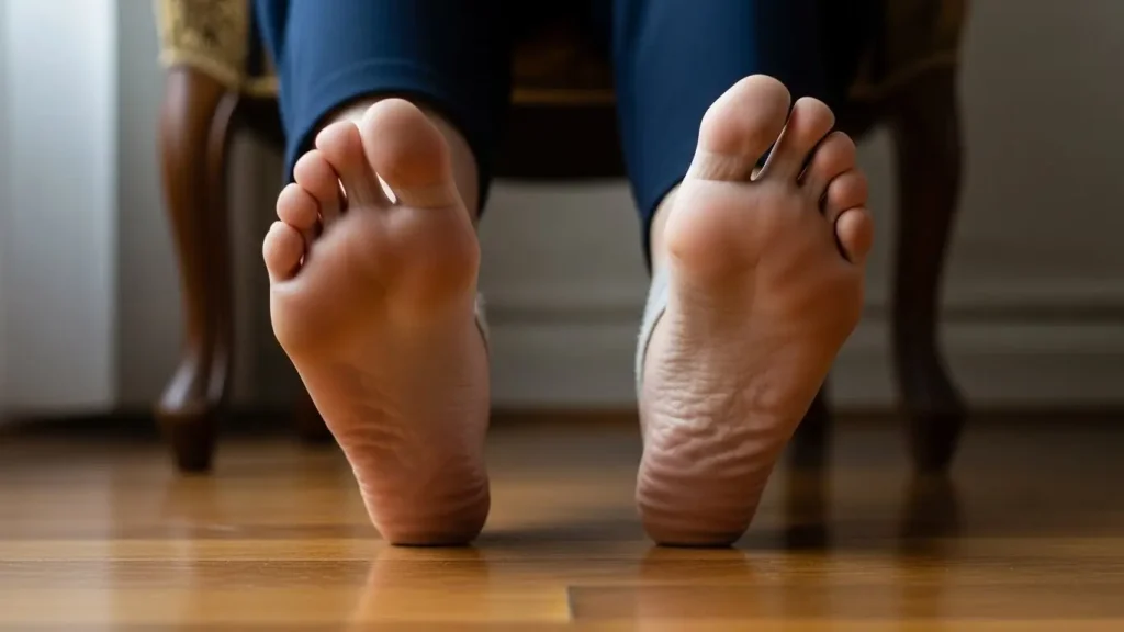 椅子に座り、かかとを床につけたままつま先を上に大きく引き上げる高齢者の足元。