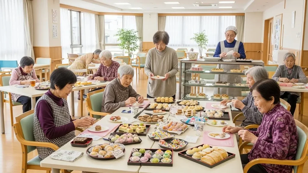 山口弁が書かれたお菓子を横に置き、楽しく工作をする高齢者