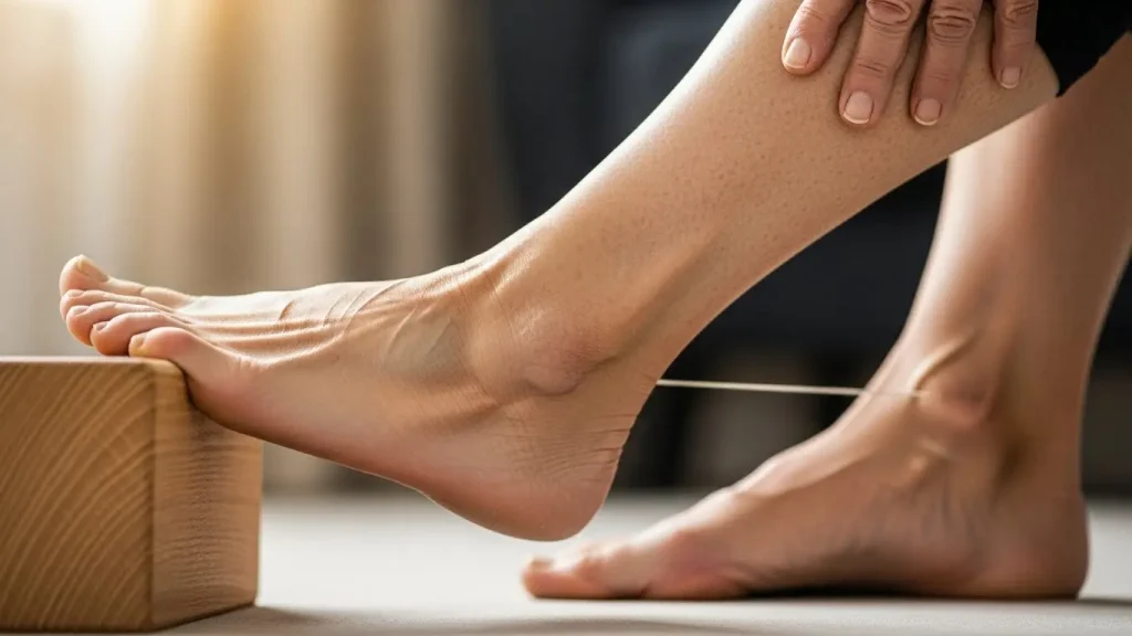 壁に手をついて足を前後に開き、後ろ足のふくらはぎをしっかり伸ばすストレッチ。