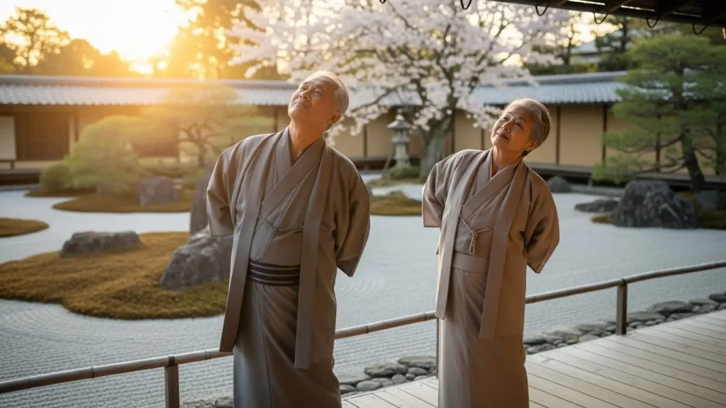 椅子の背もたれに寄りかからず、両手を後ろで組んで胸を大きく開くストレッチ。