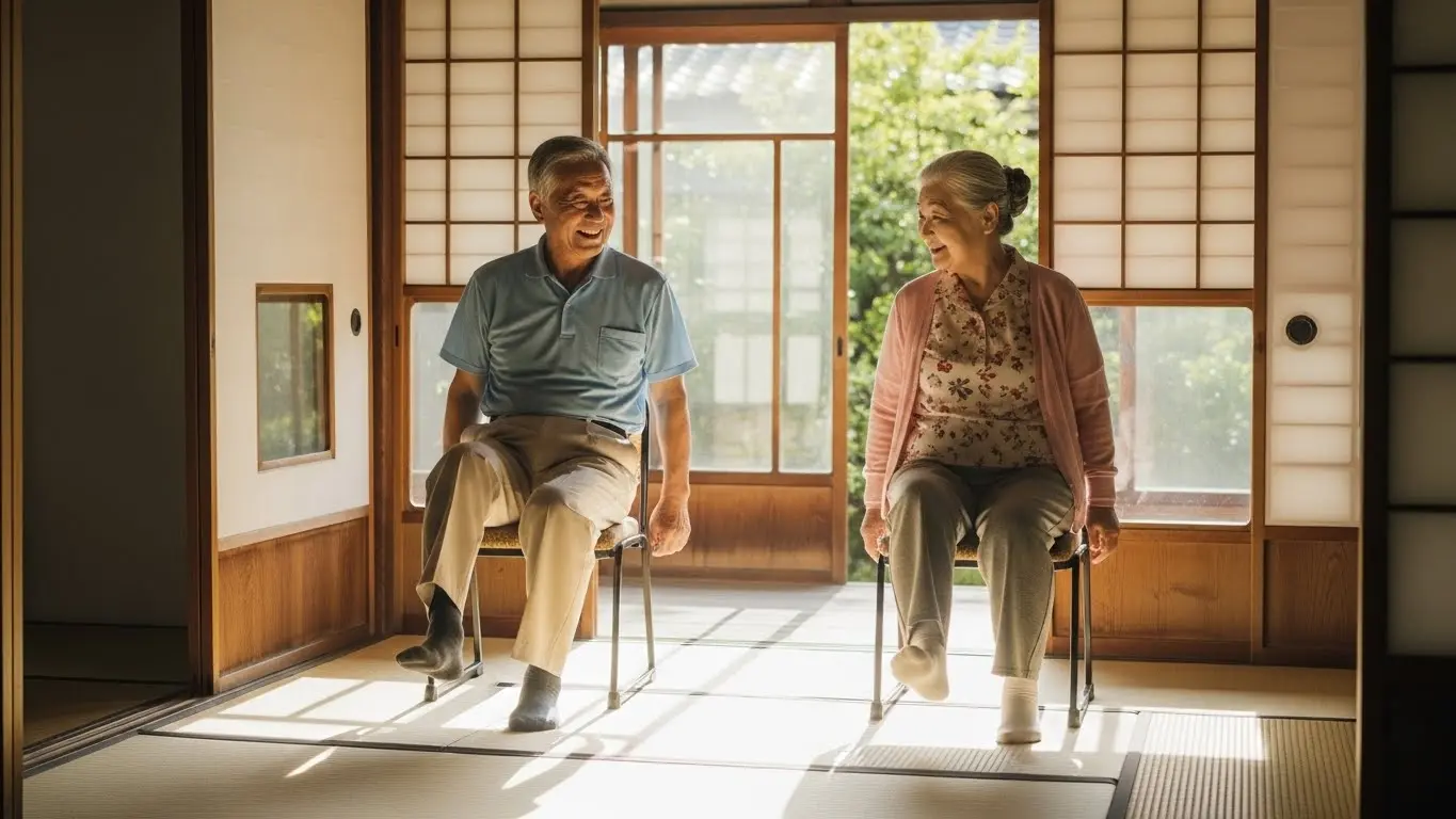 椅子に座って足首のストレッチを行い、転倒予防のトレーニングに取り組む高齢者の様子。