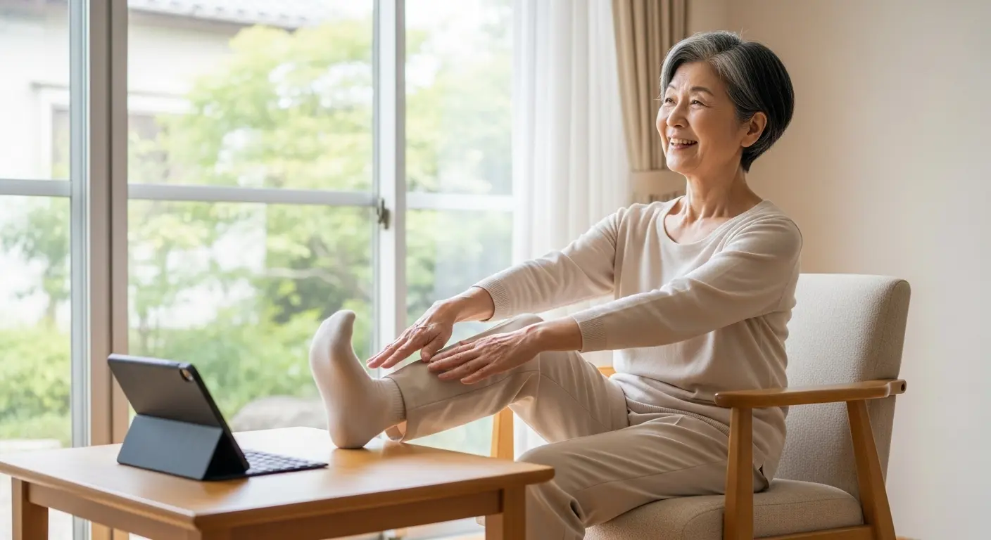 椅子に座って足首の体操を行い、足のむくみ解消に取り組む高齢者の様子。