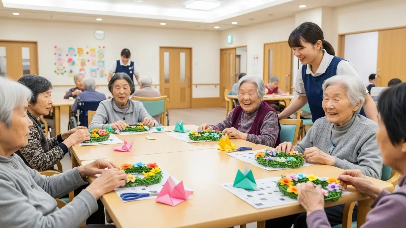 高齢者施設で簡単な手作業レクリエーションを楽しむ高齢者と介護職員。