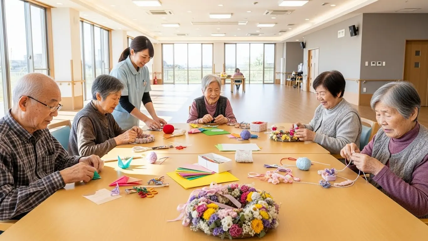 高齢者施設で手作業レクリエーションを楽しみながら工作を行う高齢者と介護職員の様子。