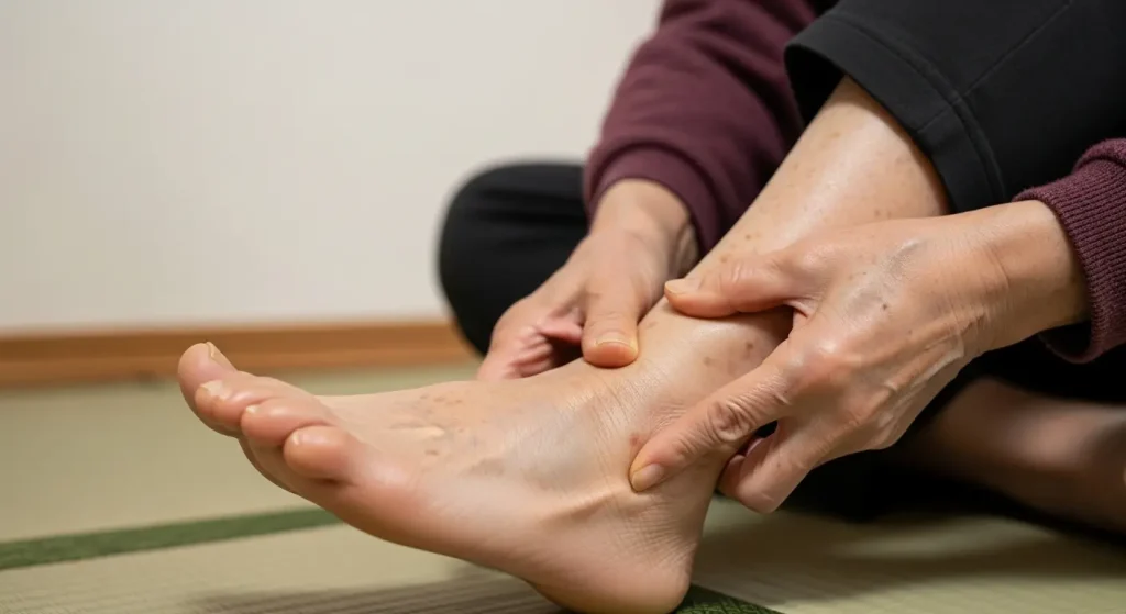 高齢者が椅子に座り、自分の足首周りを優しくマッサージしている様子。