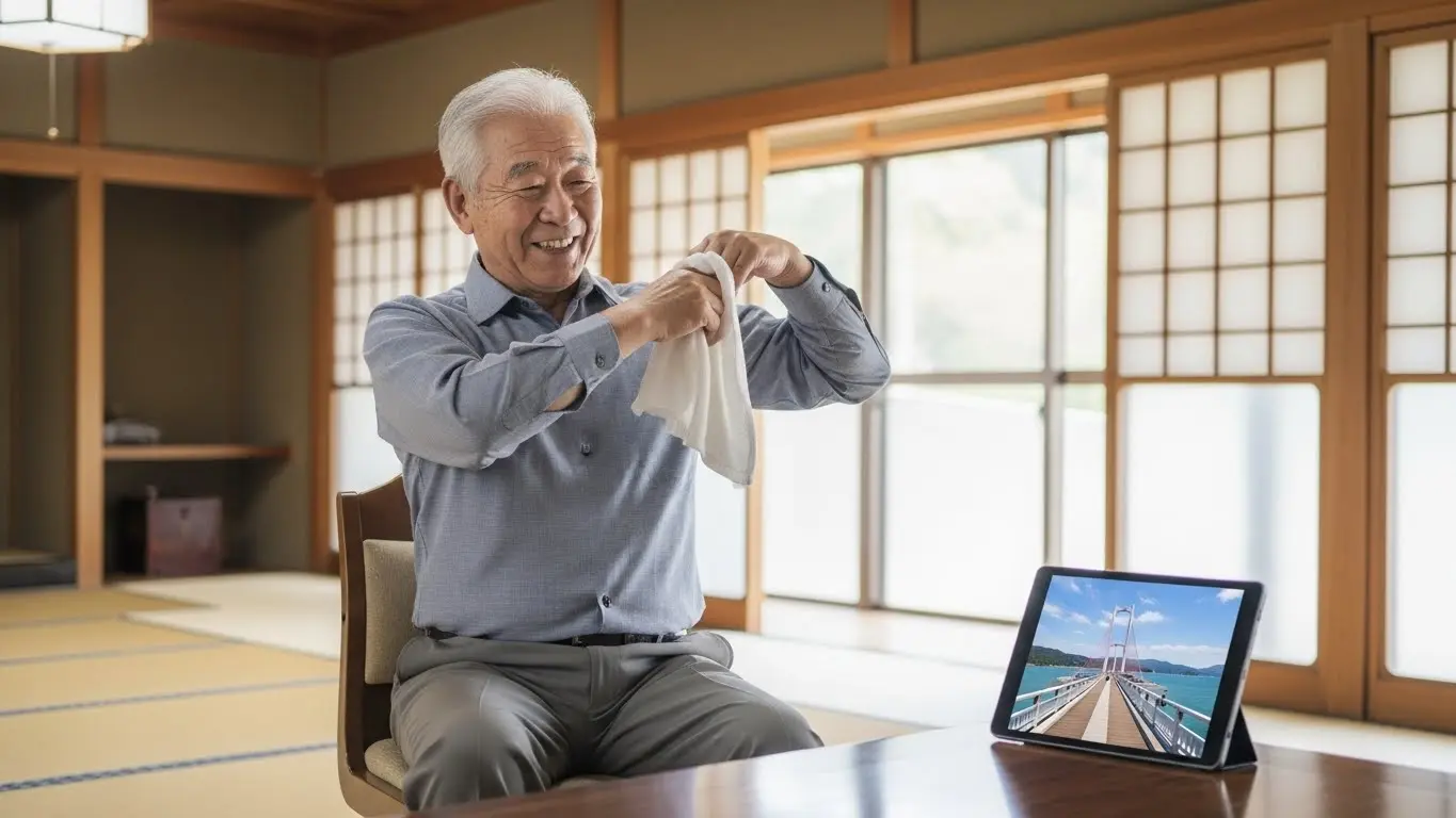 椅子に座ってタオル体操を行い、肩甲骨を動かして肩こり解消を目指す高齢者の様子。