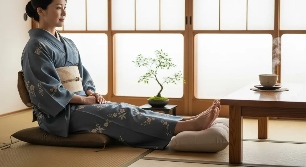 ソファに横になり、クッションの上に足を乗せてリラックスしている様子。