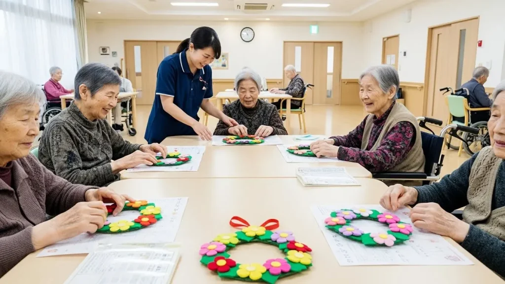 高齢者がフェイスタオルやフェルトを使って手作りしたコースター。