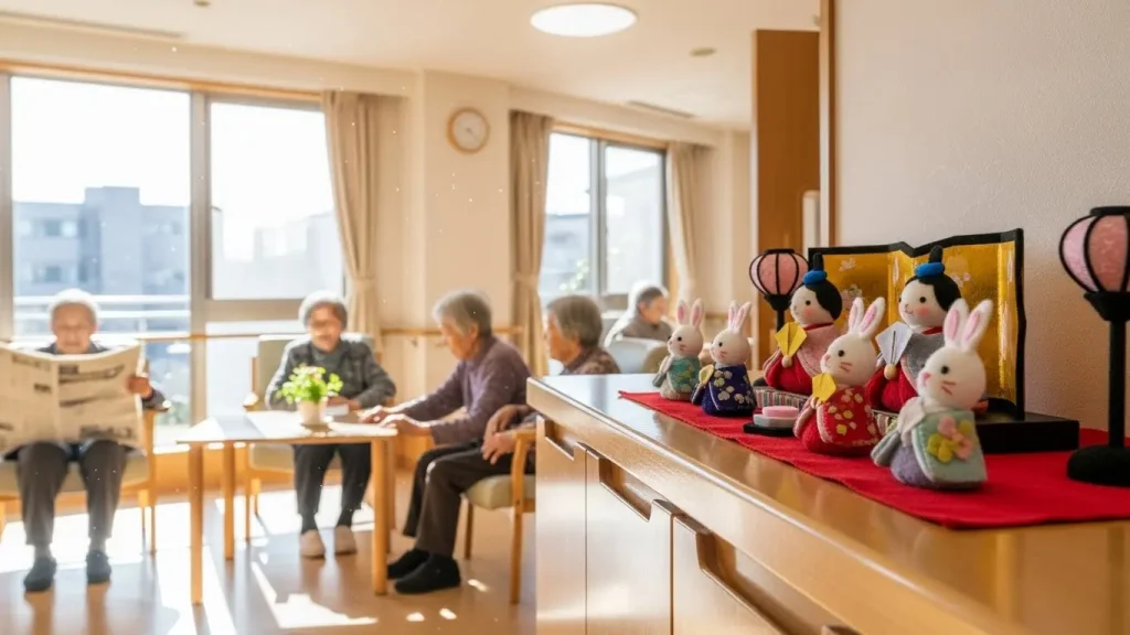 フェルトを切り貼りして作った、かわいいうさぎのお雛様とお内裏様。