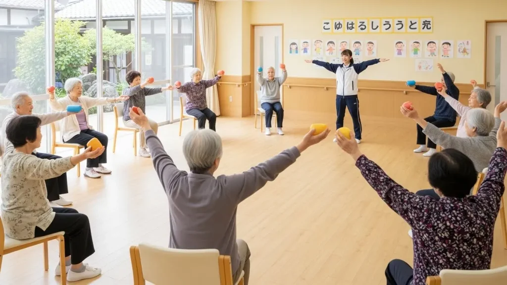 デイサービスセンターのホールで、スタッフの掛け声に合わせて両足を動かす高齢者グループ。