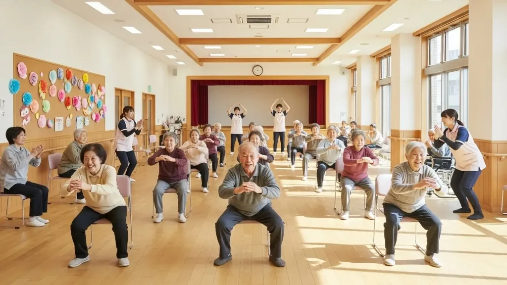 山口県のデイサービスで、仲間と一緒に椅子スクワットに取り組む高齢者の皆様。