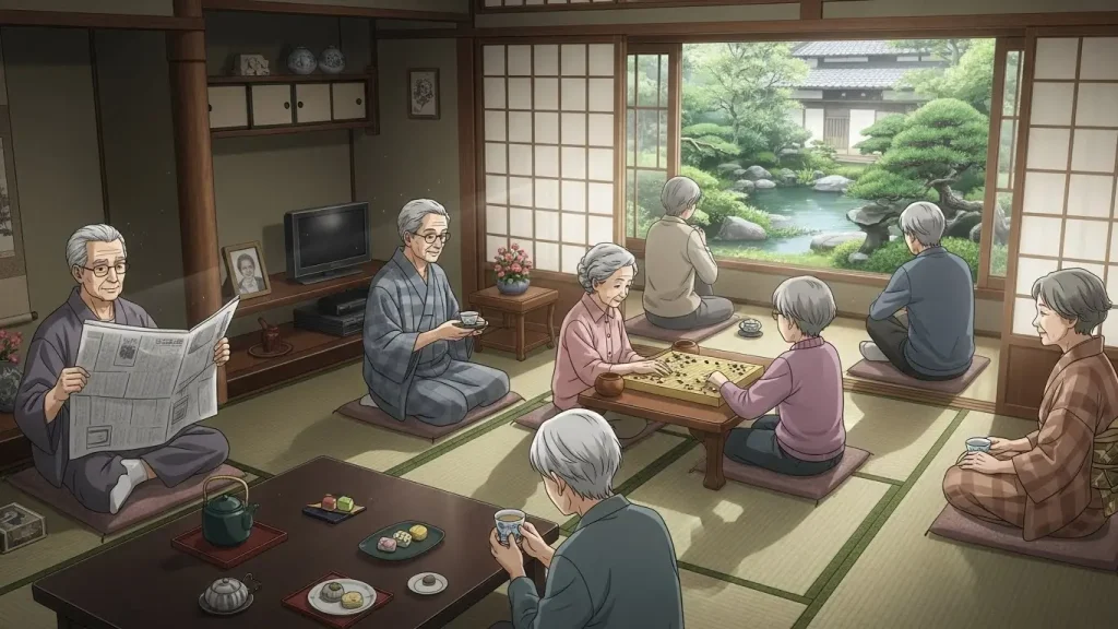 体操を終えてスッキリとした表情で笑い合う高齢者たち。