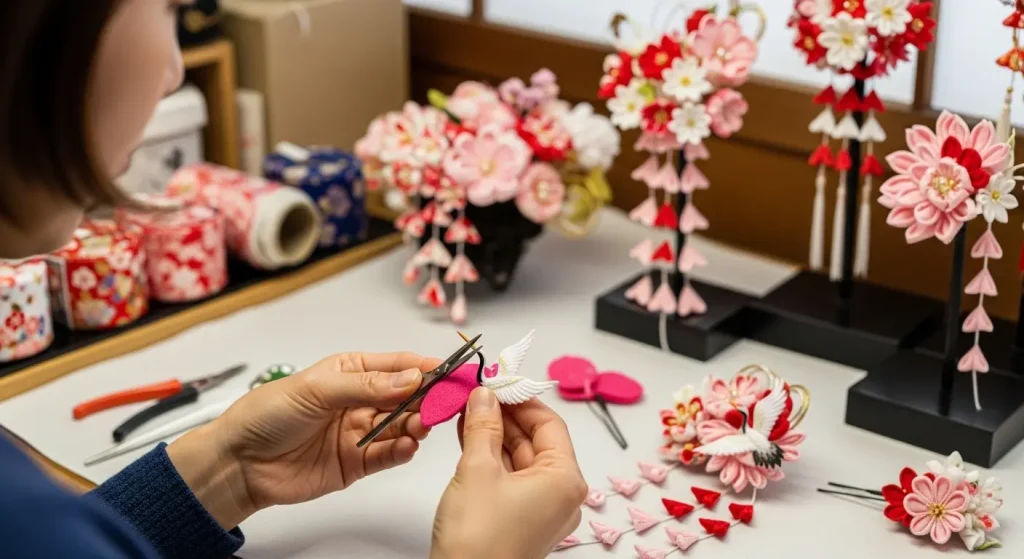 和風の布を使って自分だけのオリジナル小物を作る高齢者。