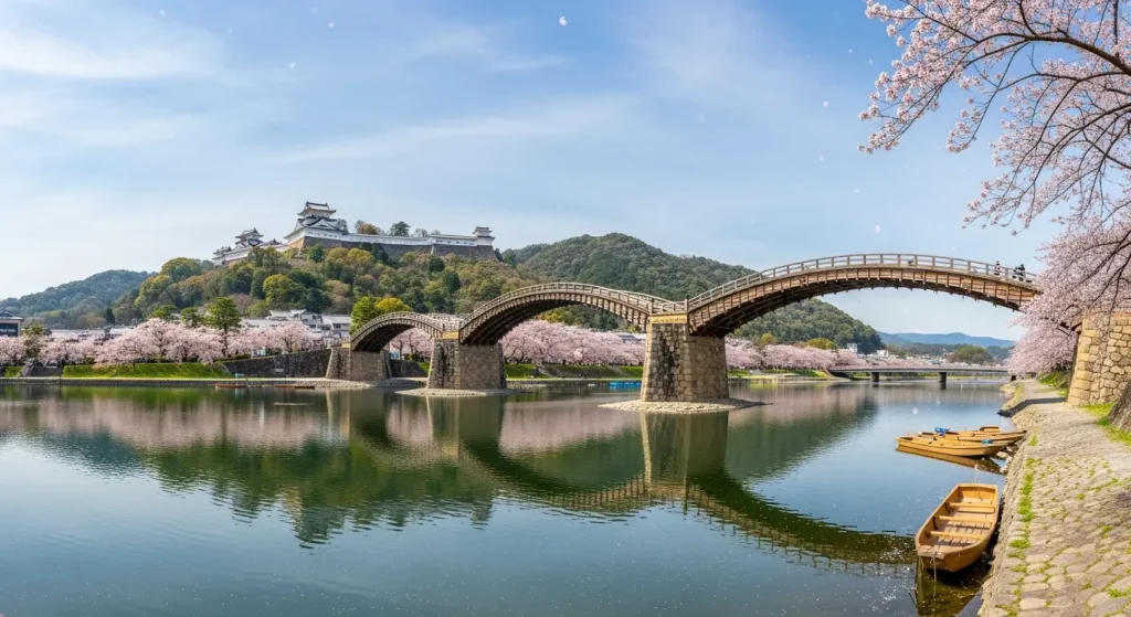 山口県を代表する観光地、岩国・錦帯橋の美しい五連アーチ。