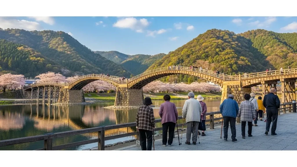青空の下に広がる山口県岩国市の名勝・錦帯橋の五連のアーチ。