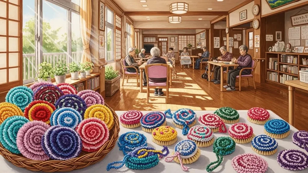 高齢者が手編みしたカラフルなアクリルたわしの数々。