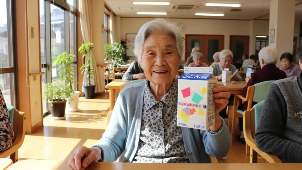 手作りの小物入れを手に微笑む高齢者の女性。