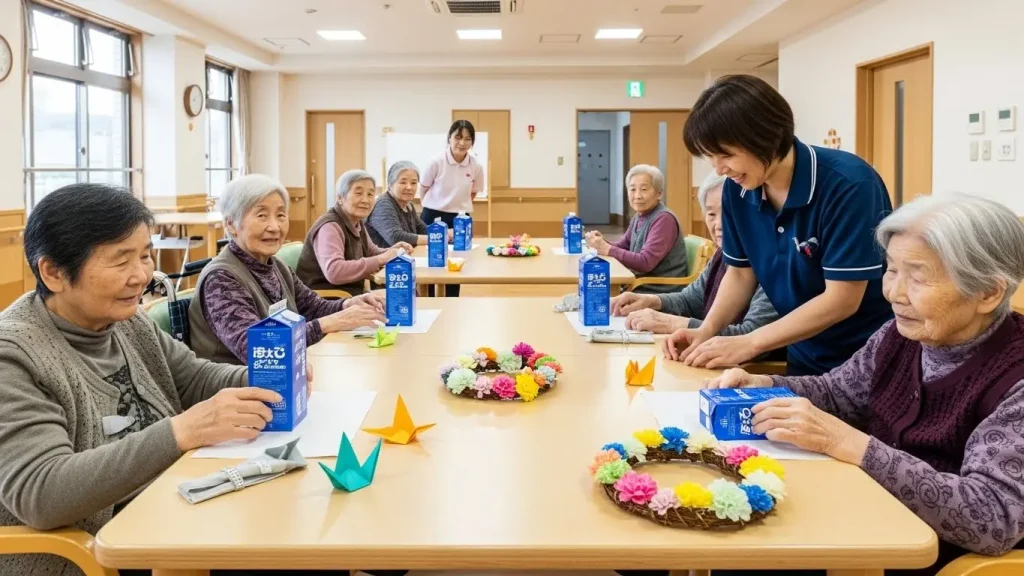 牛乳パックをカットし、布を貼り付けておしゃれな小物入れを作る手順。