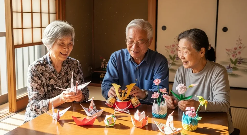 山口弁ボックスの横に飾られた、手作りの折り紙の桜。