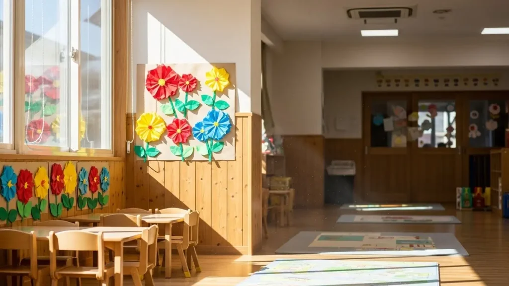 高齢者が折り紙で丁寧に作った色鮮やかなお花の工作。