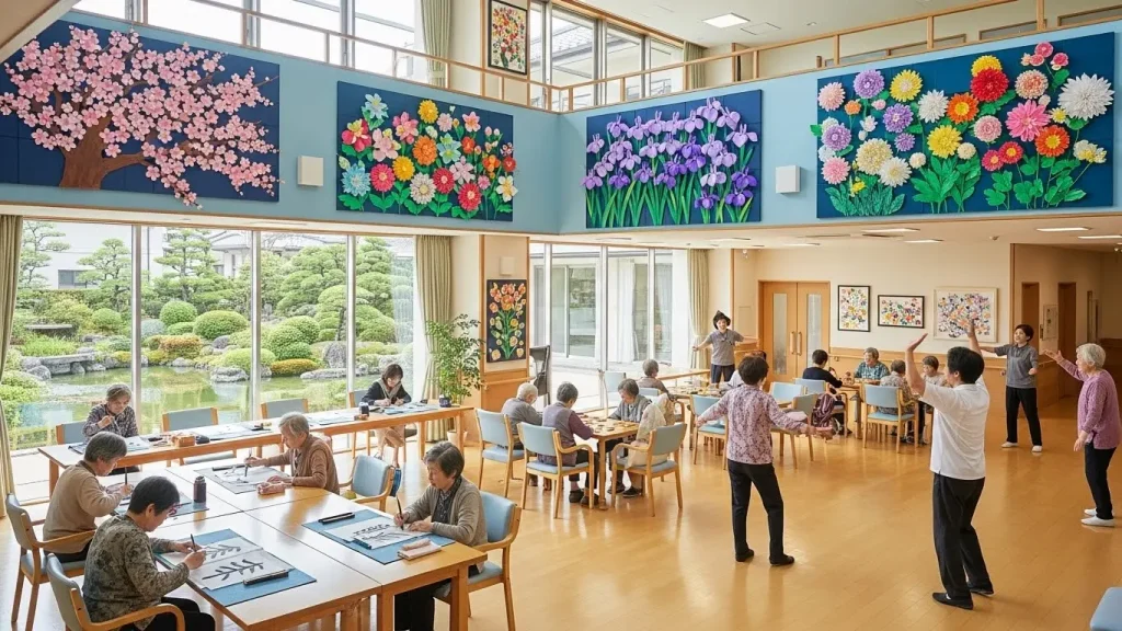 高齢者が折り紙で簡単に作ったカラフルな花の工作。