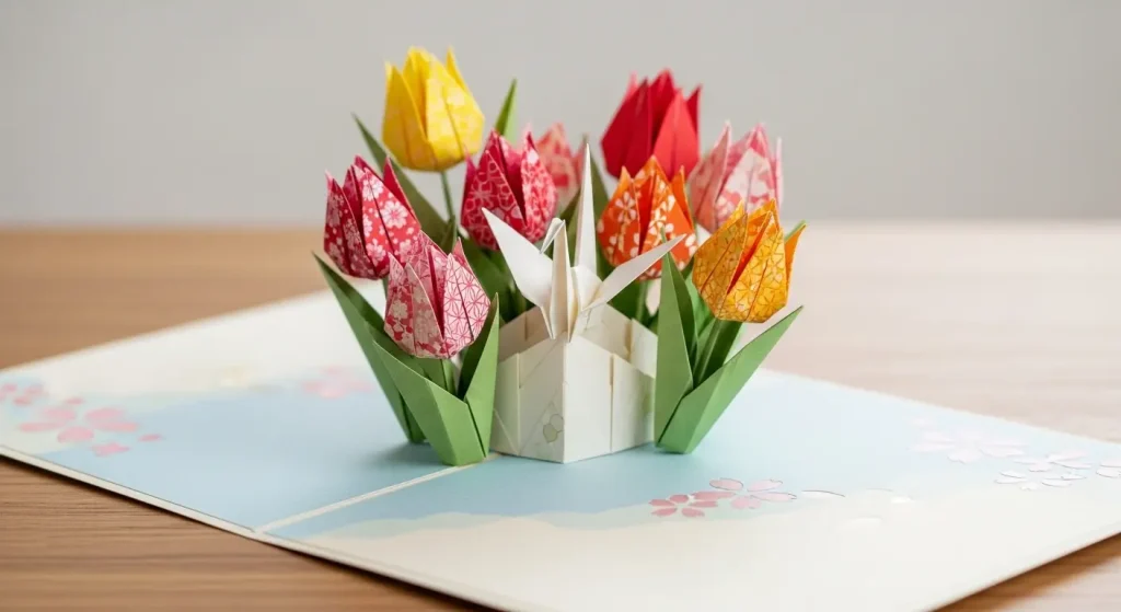 高齢者が心を込めて作った折り紙のチューリップとメッセージカード。