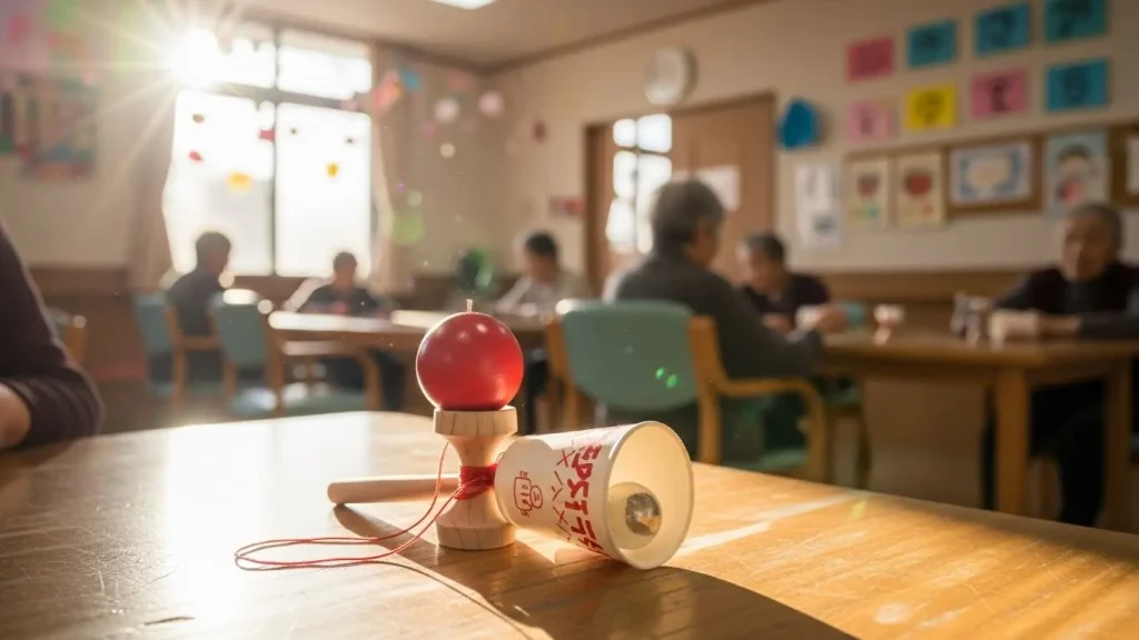 紙コップと紐、ビー玉で作られた手作りのけん玉おもちゃ。