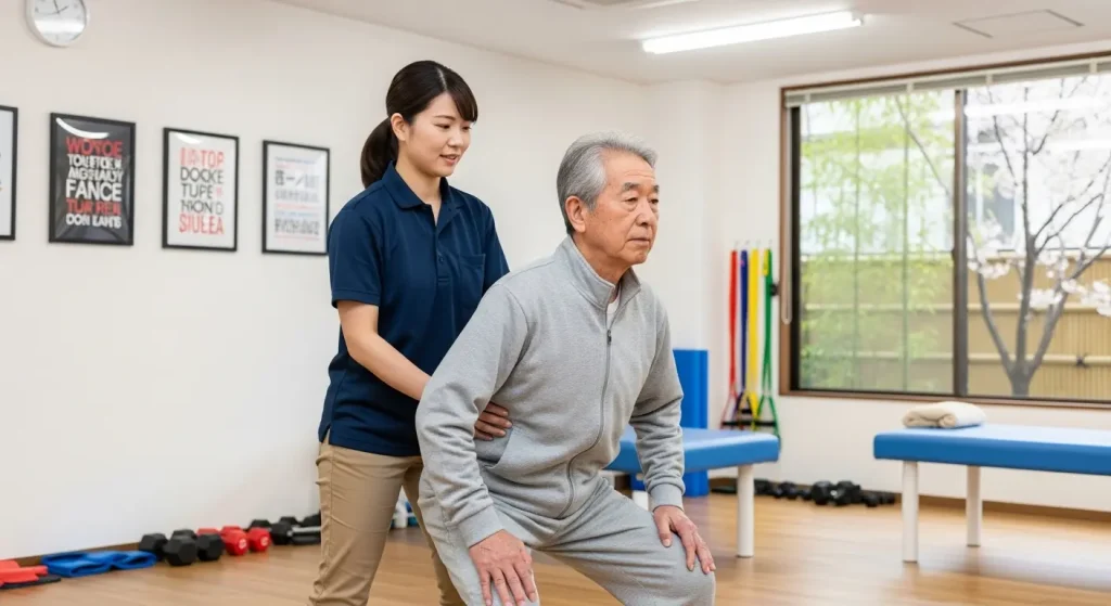 理学療法士が横に立ち、高齢者の骨盤を支えて正しいフォームを指導している。