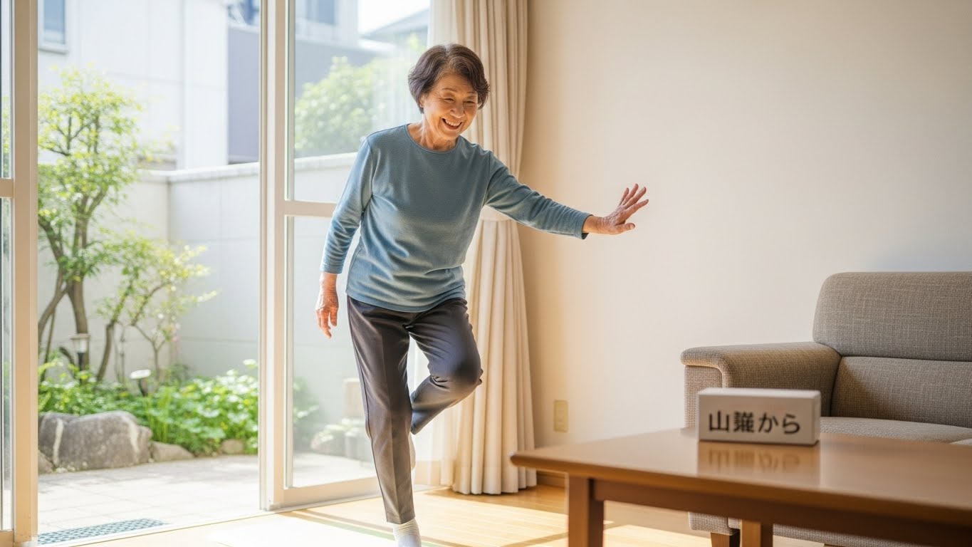 壁を支えにして安全に片足立ちのバランス運動を行う高齢者の様子。