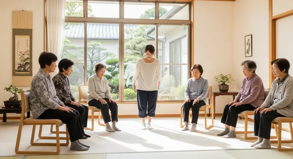 介護施設のスタッフが、椅子に座った高齢者に足首体操を教えている風景。