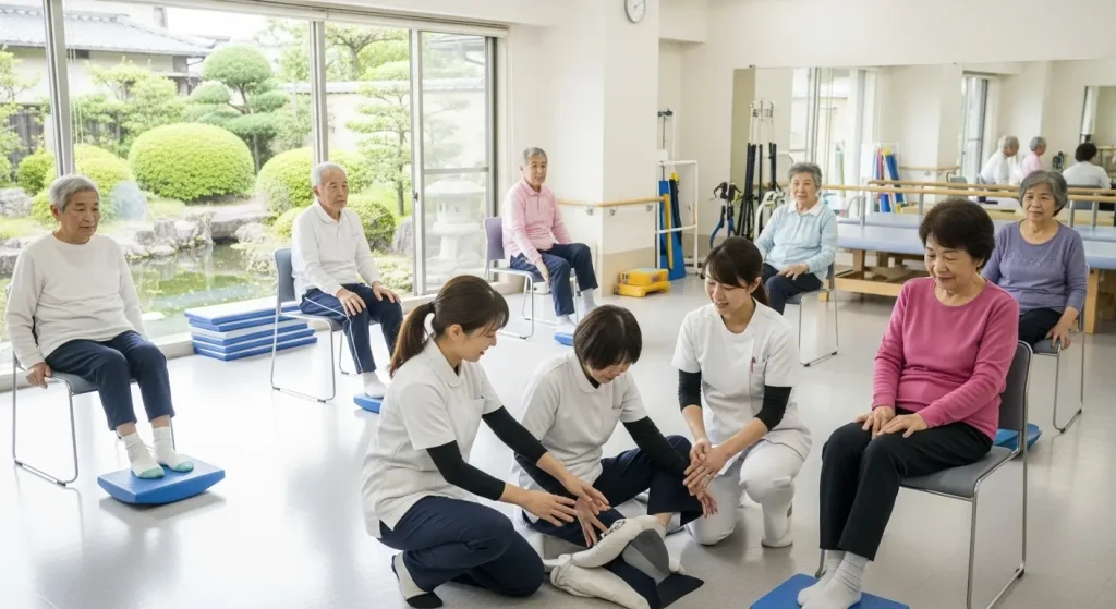 介護施設でのリハビリテーションの一環として行われる足首体操。