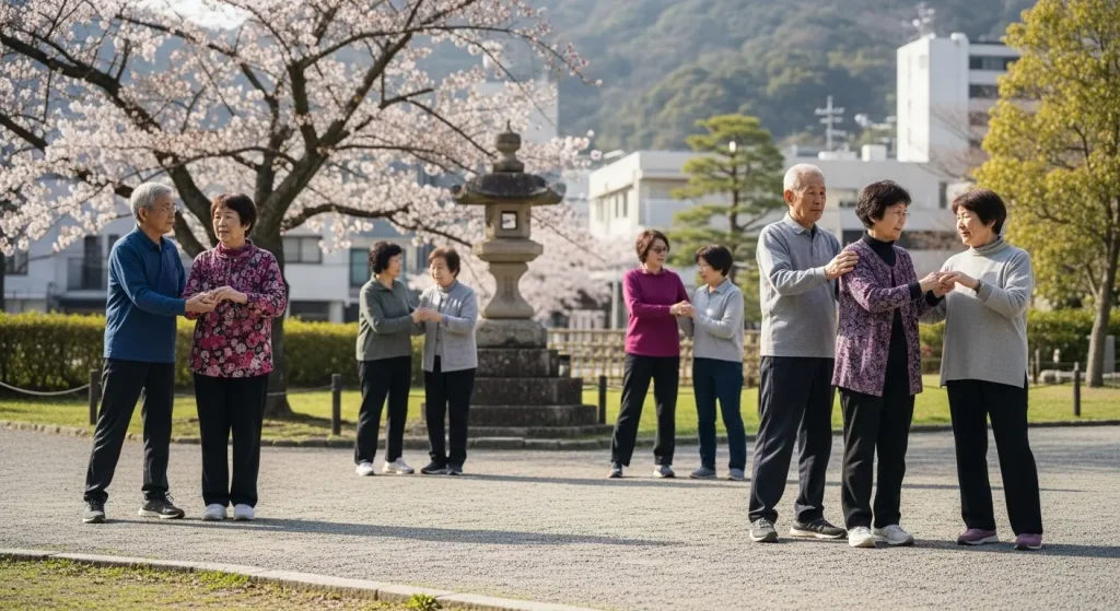 地域の交流センターで、仲間と声を掛け合いながらスクワットを行うグループ。