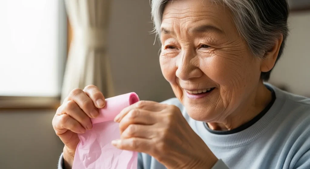 お花紙を丁寧に丸めて桜の花びらを作っている高齢者の手元。