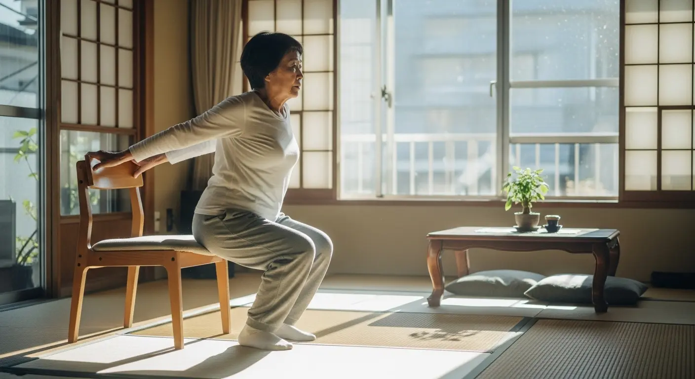 椅子を支えにして、安全なフォームでスクワット運動を行う高齢者の様子。