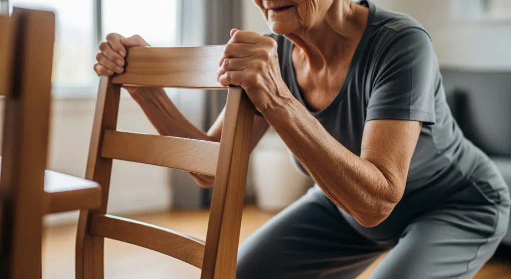 椅子の背もたれを両手でしっかり掴んでバランスを取る高齢者の手元。