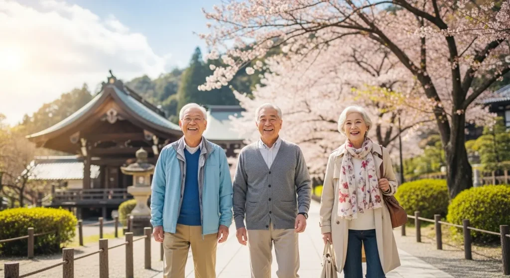 スクワットで鍛えた足腰で、公園を元気に散歩する高齢者のカップル。
