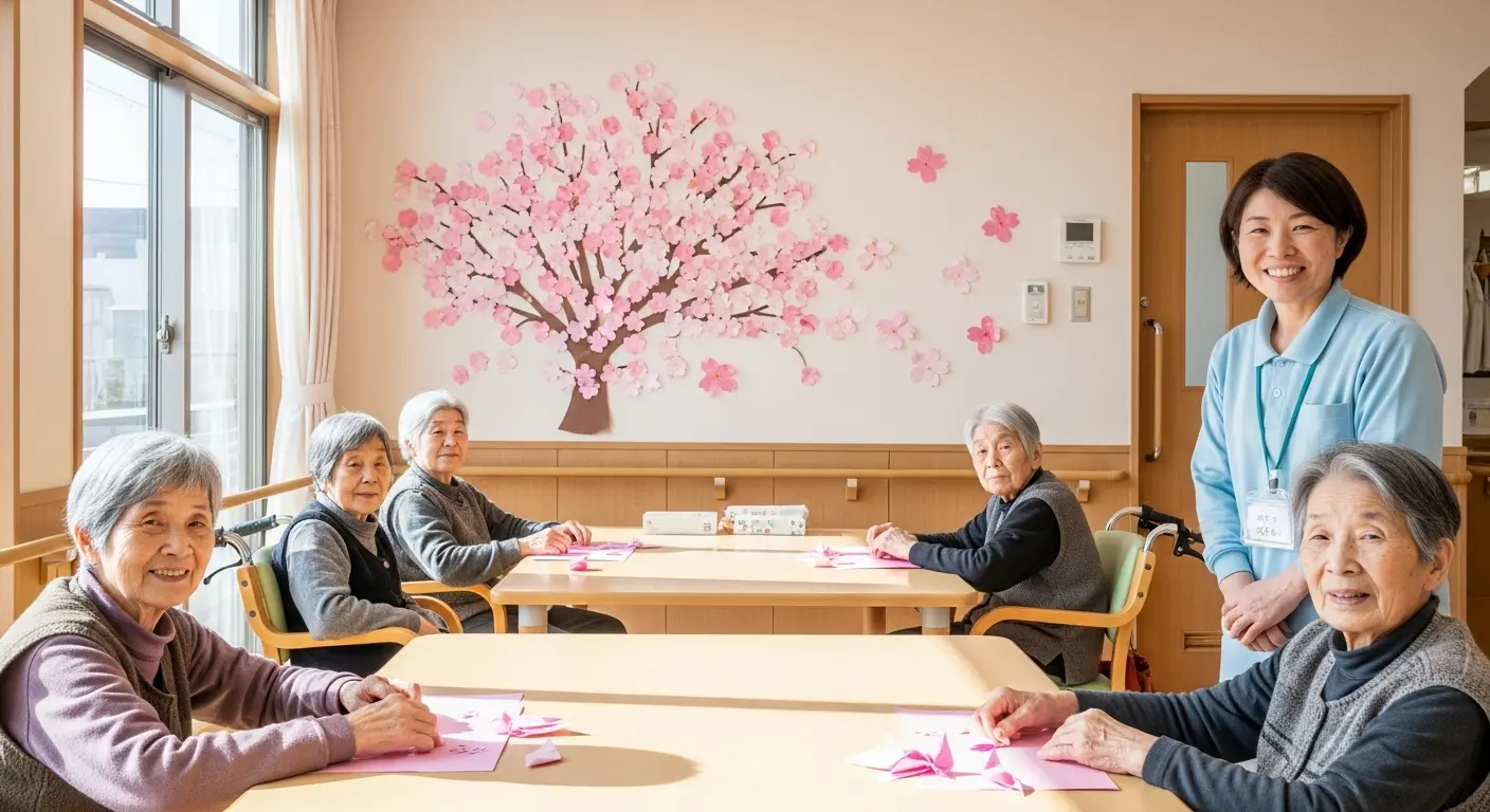 春の訪れを感じる桜の工作を楽しむ高齢者と介護職員の様子。