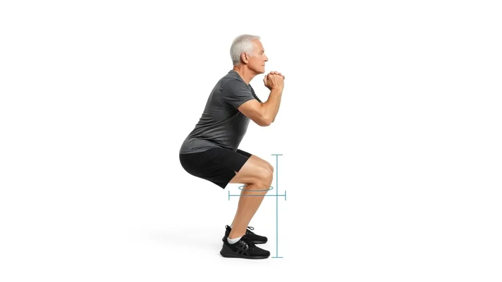 膝を痛めないための、お尻を引き膝を出しすぎないスクワットの横向きフォーム。