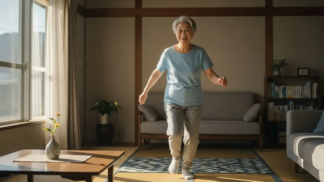 自宅の室内で笑顔でその場足踏み運動に取り組む高齢者の様子。