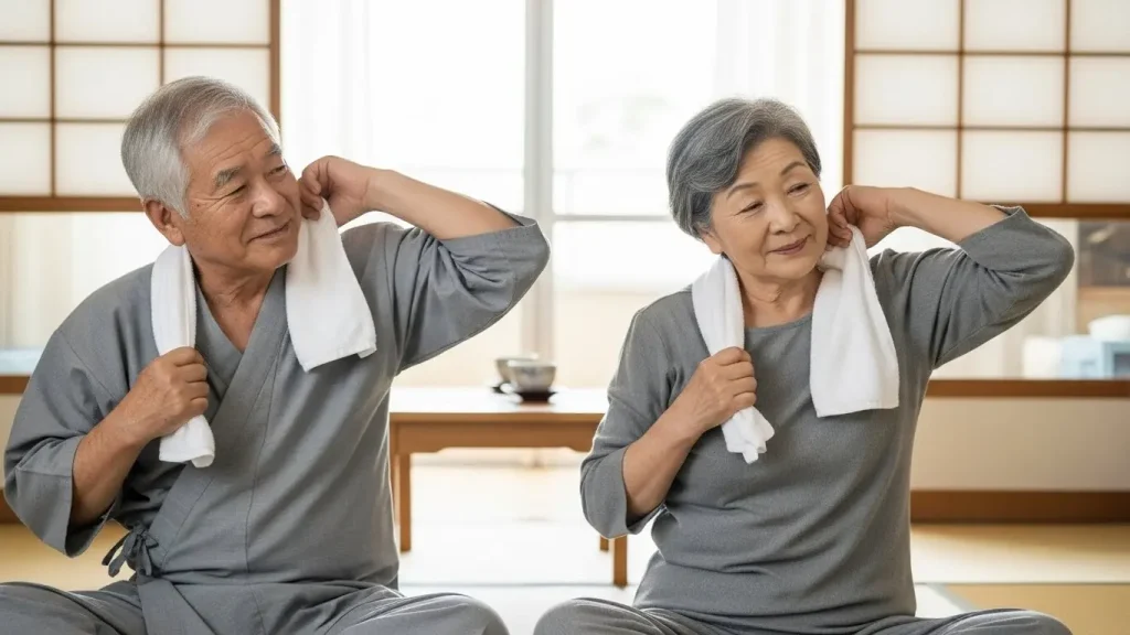 タオルを頭の後ろを通すように下ろし、肩甲骨を中央に寄せる運動。