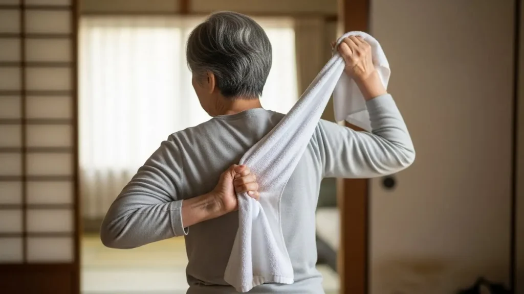 タオルを背中の後ろで縦に持ち、上下に引っ張り合う体操。