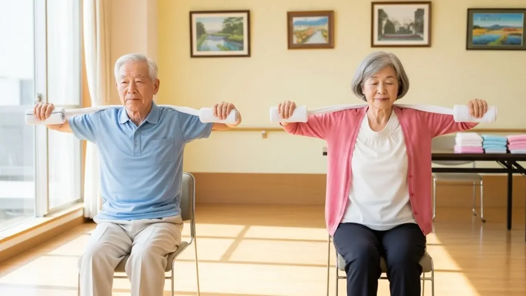 フェイスタオルの両端を持ち、頭の後ろで上下させる肩甲骨体操。