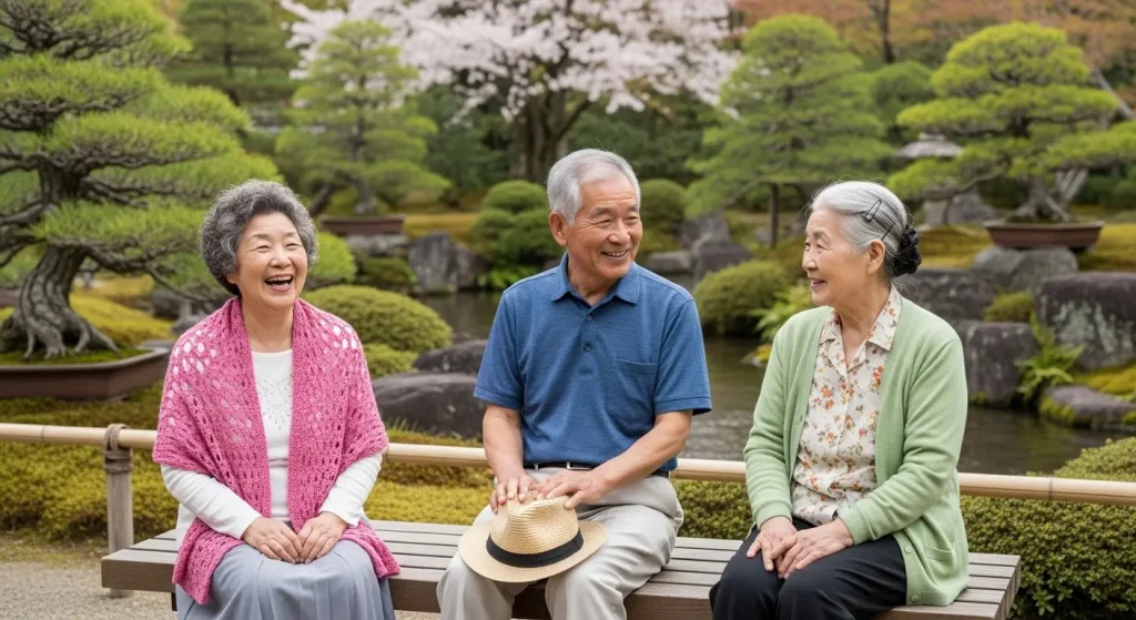 運動の合間に談笑するシニア。