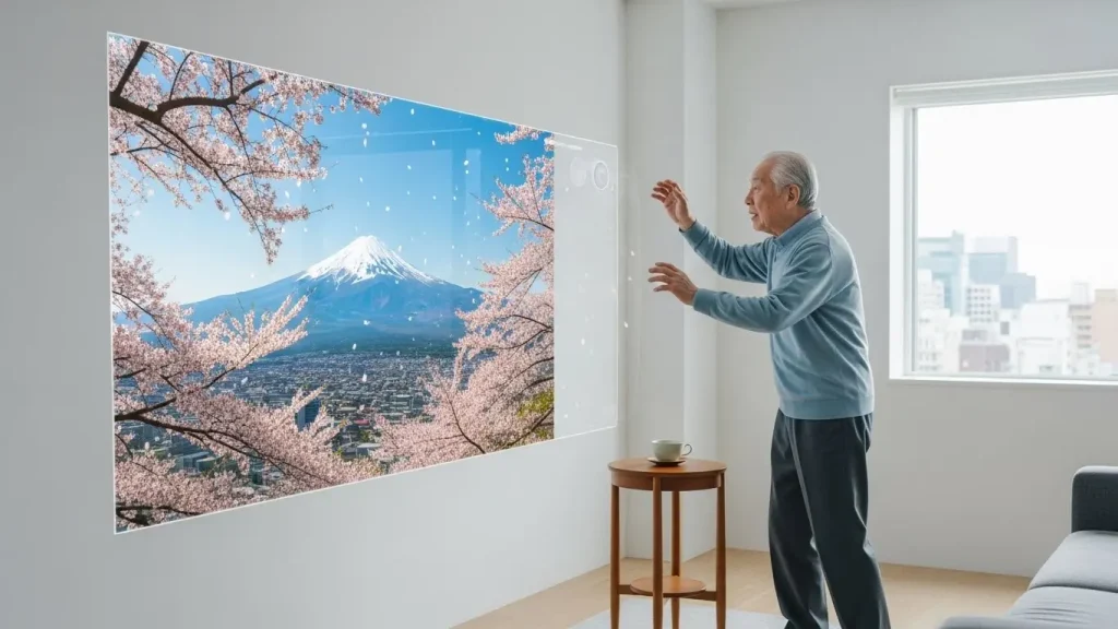 VRゴーグルを装着し、山口県の景色を楽しみながら腕を動かす高齢者。