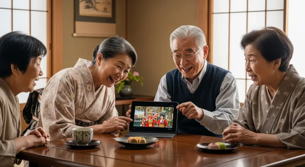 タブレットで山口の名所を360度動画で視聴しながら、その場で足踏みをする高齢者。