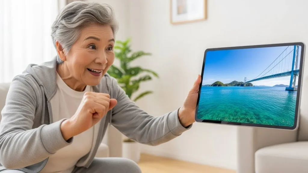 山口県の絶景動画を見ながら、バーチャル旅行気分でスクワットをする高齢者。